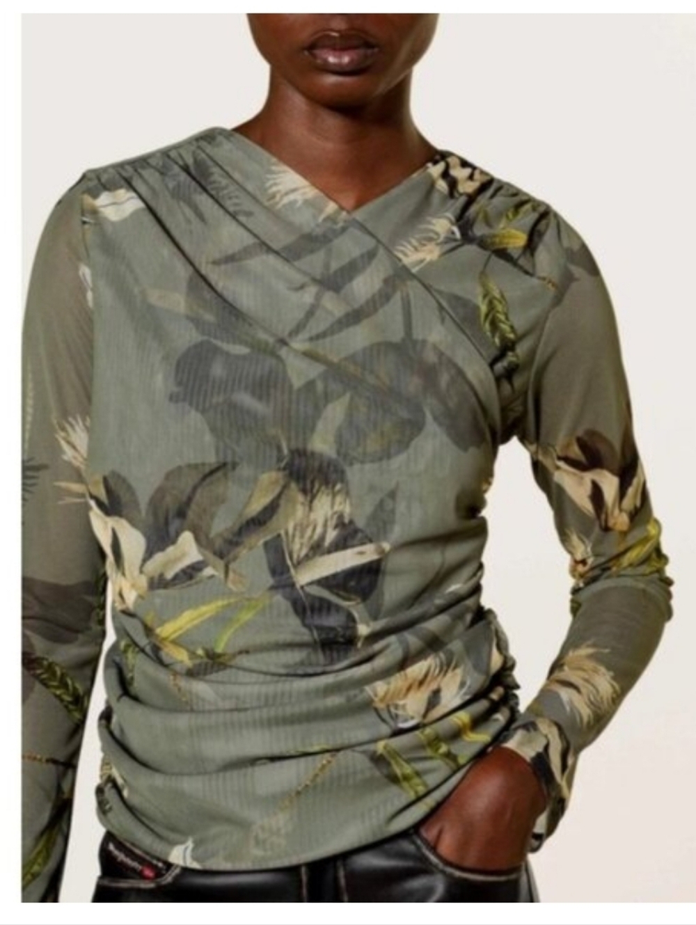 All Saints Olive Floral Ruched Wrap Blouse NWOT